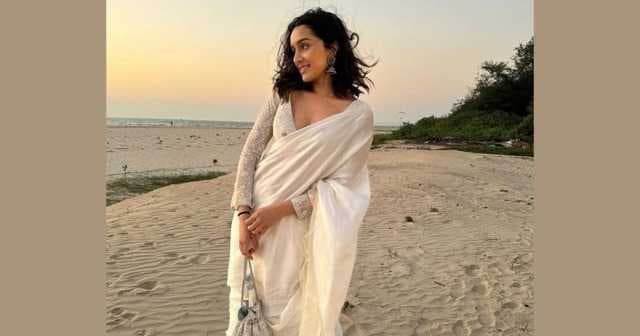 Shraddha Kapoor's ivory satin pre-draped saree is perfect for a day wedding